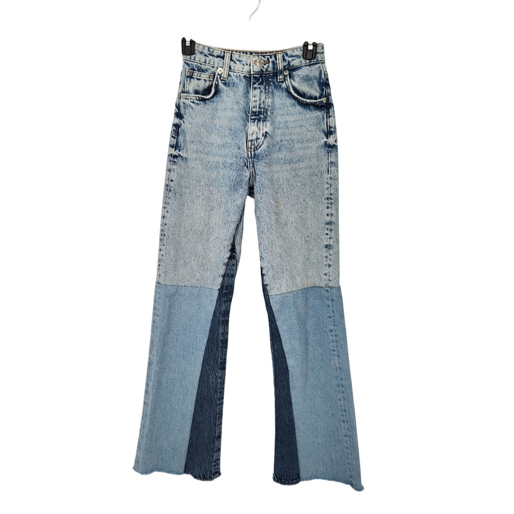 Zara High Rise Flared Patchwork Denim Jeans Light Medium Wash Raw Hem Women's 2